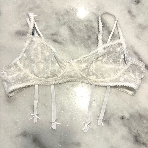Revena Embroidered Sheer Adjustable Unlined Lingerie Bra White XL - Picture 1 of 3